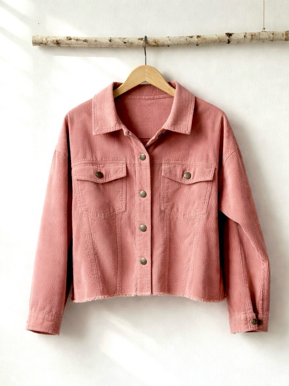 Peach Corduroy Button-Front Jacket Raw Edge Design Size S